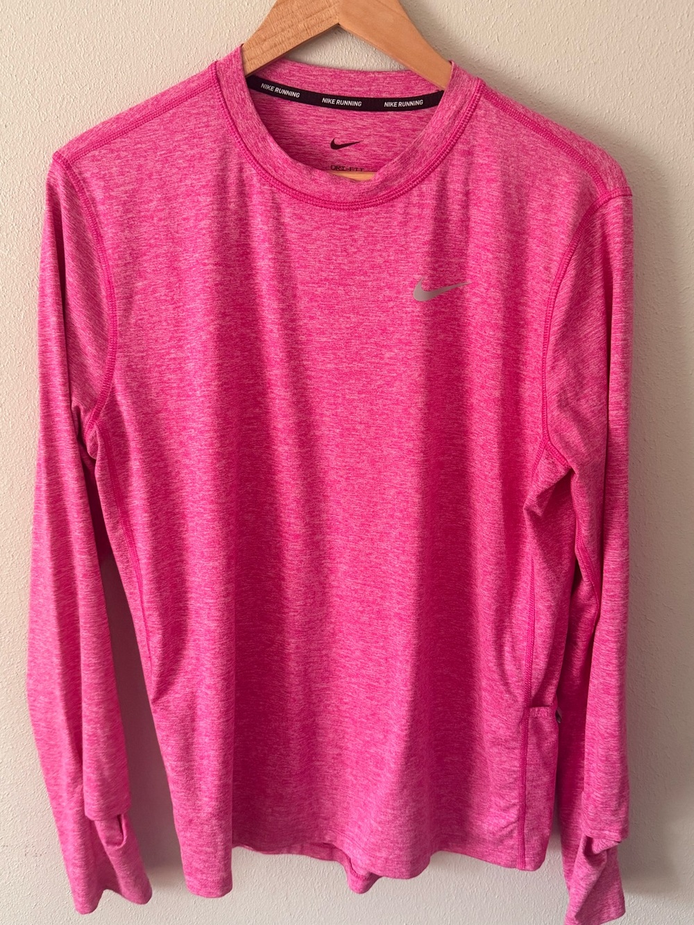 Nike Dri-FIT Long Sleeve running Top - Bright Pink thumb holes and tech pocket